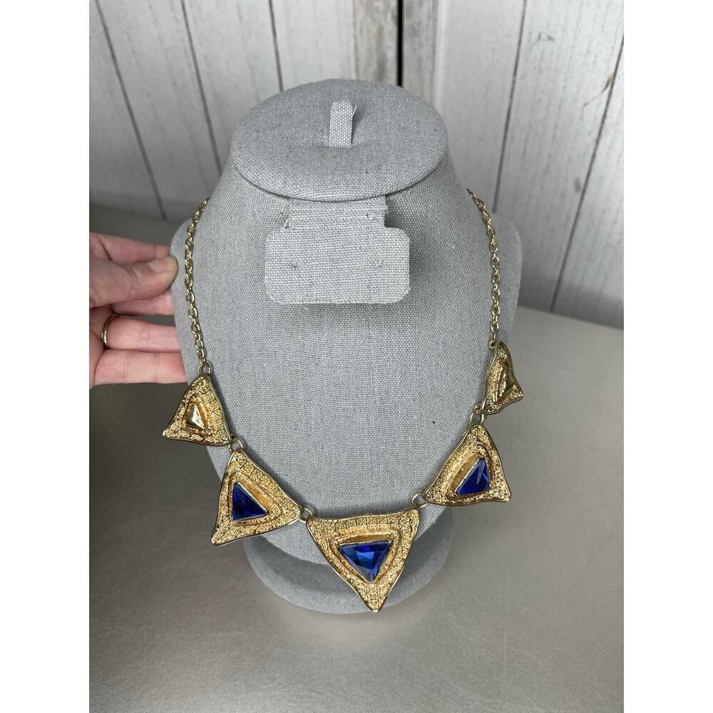Retro 80s 90s Triangle Bib Statement Gold Tone & Blue Gem Necklace Vintage